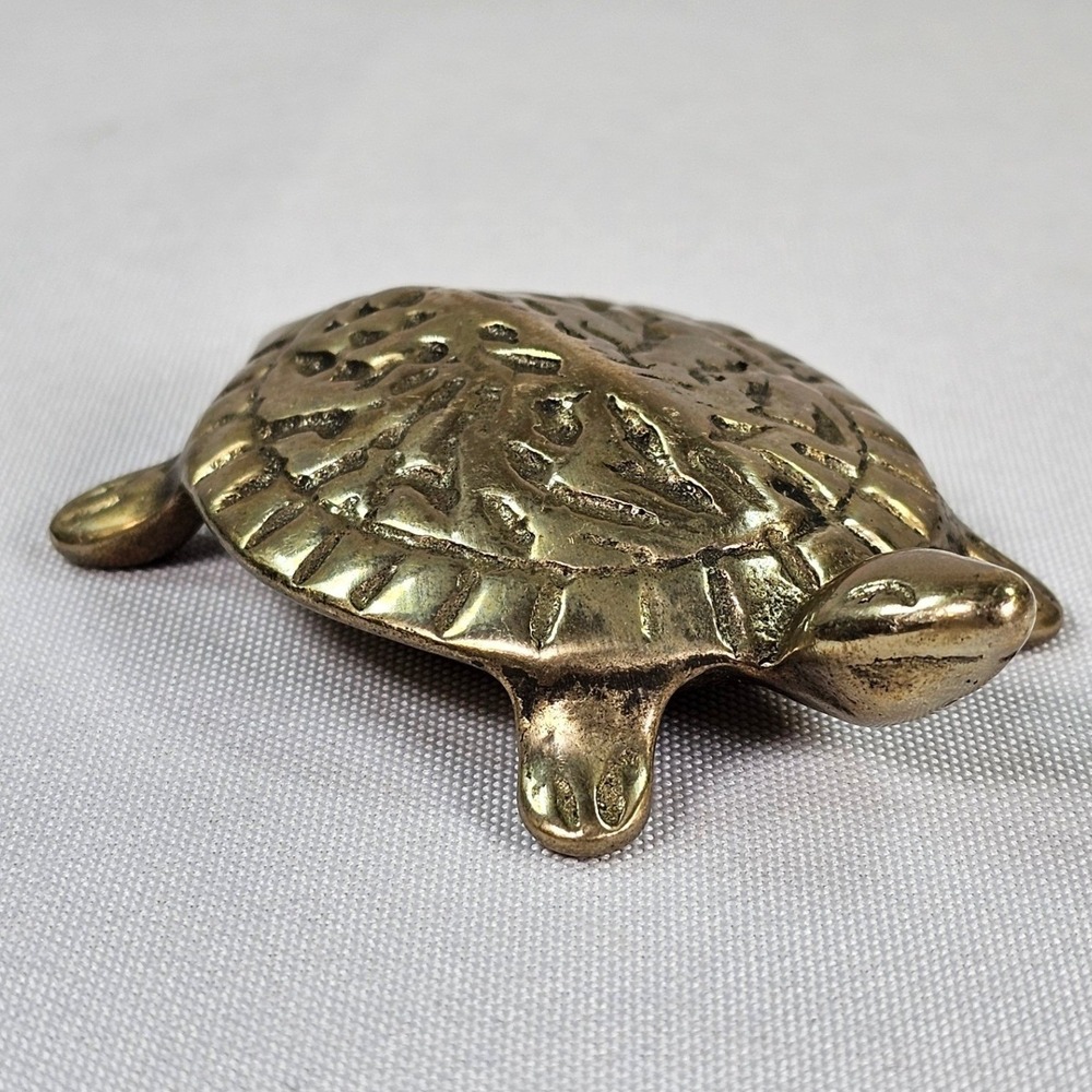 Vintage Solid Brass Turtle Figurine Small Paperweight Textured Shell Decor